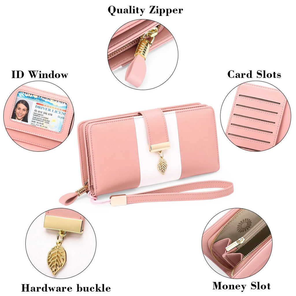 Midnight black women's PU leather clutch bag with a lock closure, shown open to reveal RFID-blocking wallet compartment.
