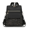 Leopard print women's large capacity nylon backpack in black, brown or beige with stitching and splicing.