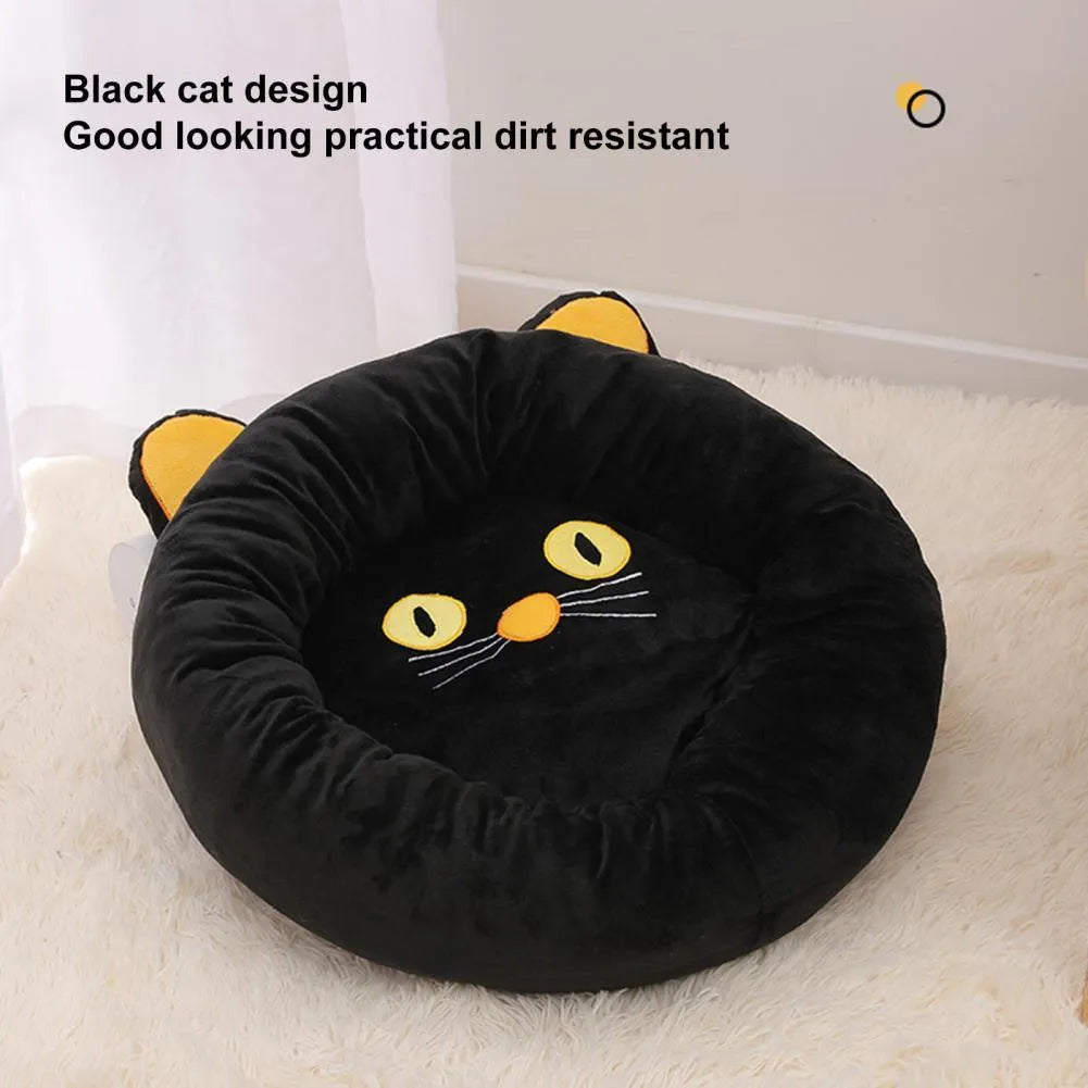 Black cat-shaped velvet pet bed with raised edges for head support in two size options