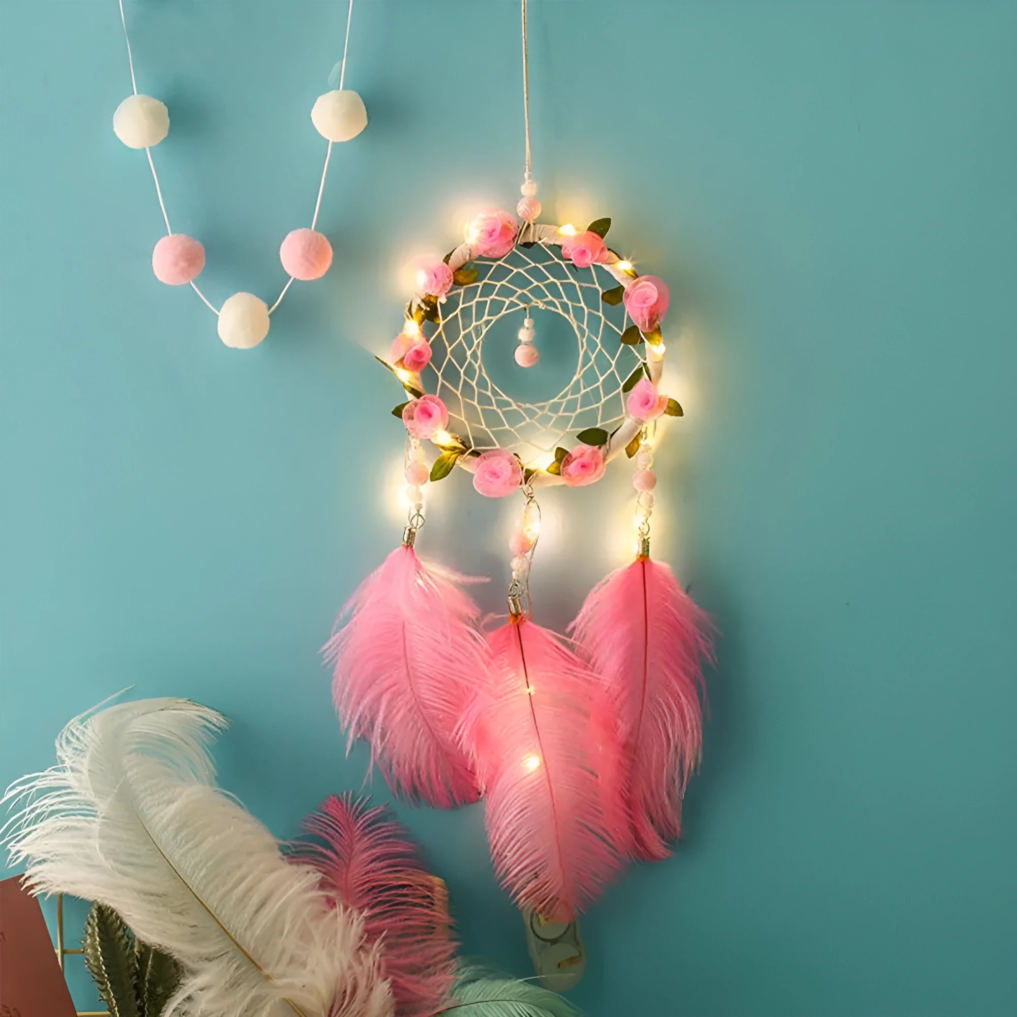Pink dreamcatcher wind chime wall decoration with ostrich feathers, 10cm diameter