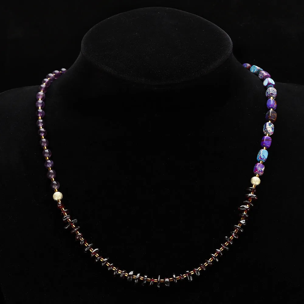 Purple amethyst and garnet geometric round beads stone bracelet with manual processing
