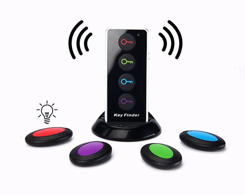 Wireless key locator one-to-four system with black emitter and four receivers, 40 metre range