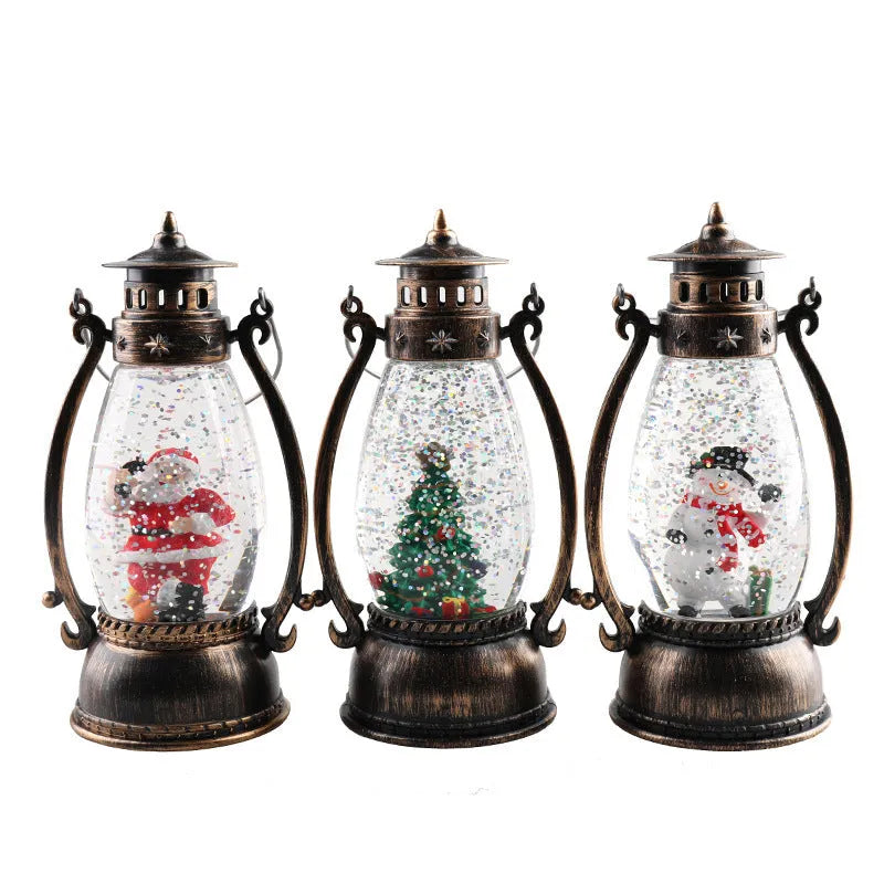 Plastic oil lamp snow globe ornament lit up with snowman figurine on a desktop.