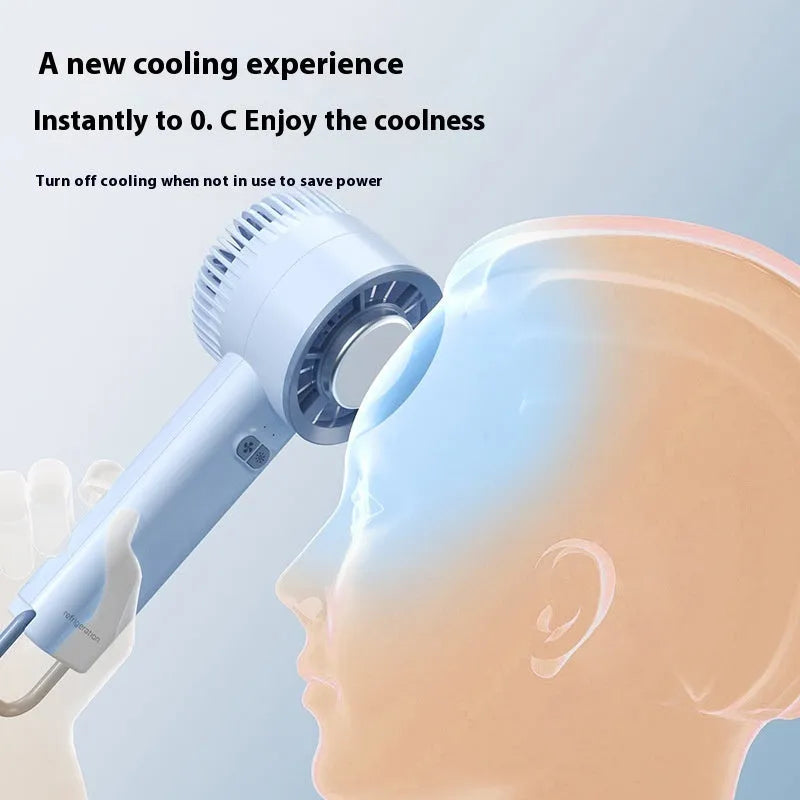 White handheld turbo jet fan with touch controls showing three speed settings and ice cooling function
