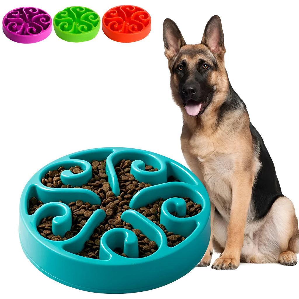 Slow feeder dog bowl with maze pattern and non-slip base in multiple colour options