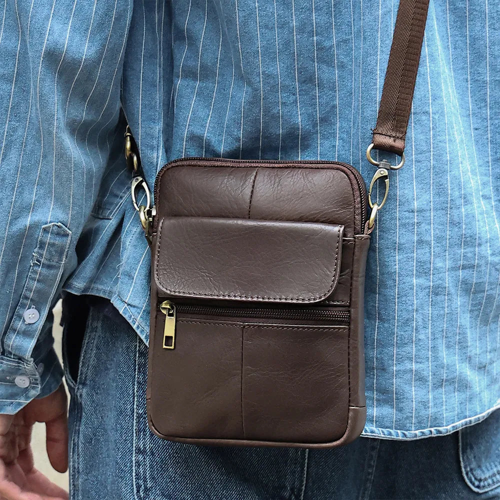 Men's brown genuine leather crossbody shoulder bag with detailed sewing lines