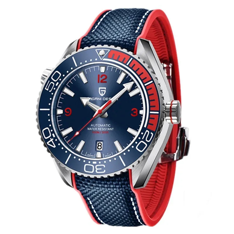 Rotatable bezel mechanical watch with 42mm dial, luminous hands, and nylon rubber strap.