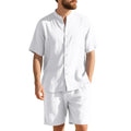 Men's linen two-piece suit with Henry collar short sleeve shirt and matching shorts in various colours
