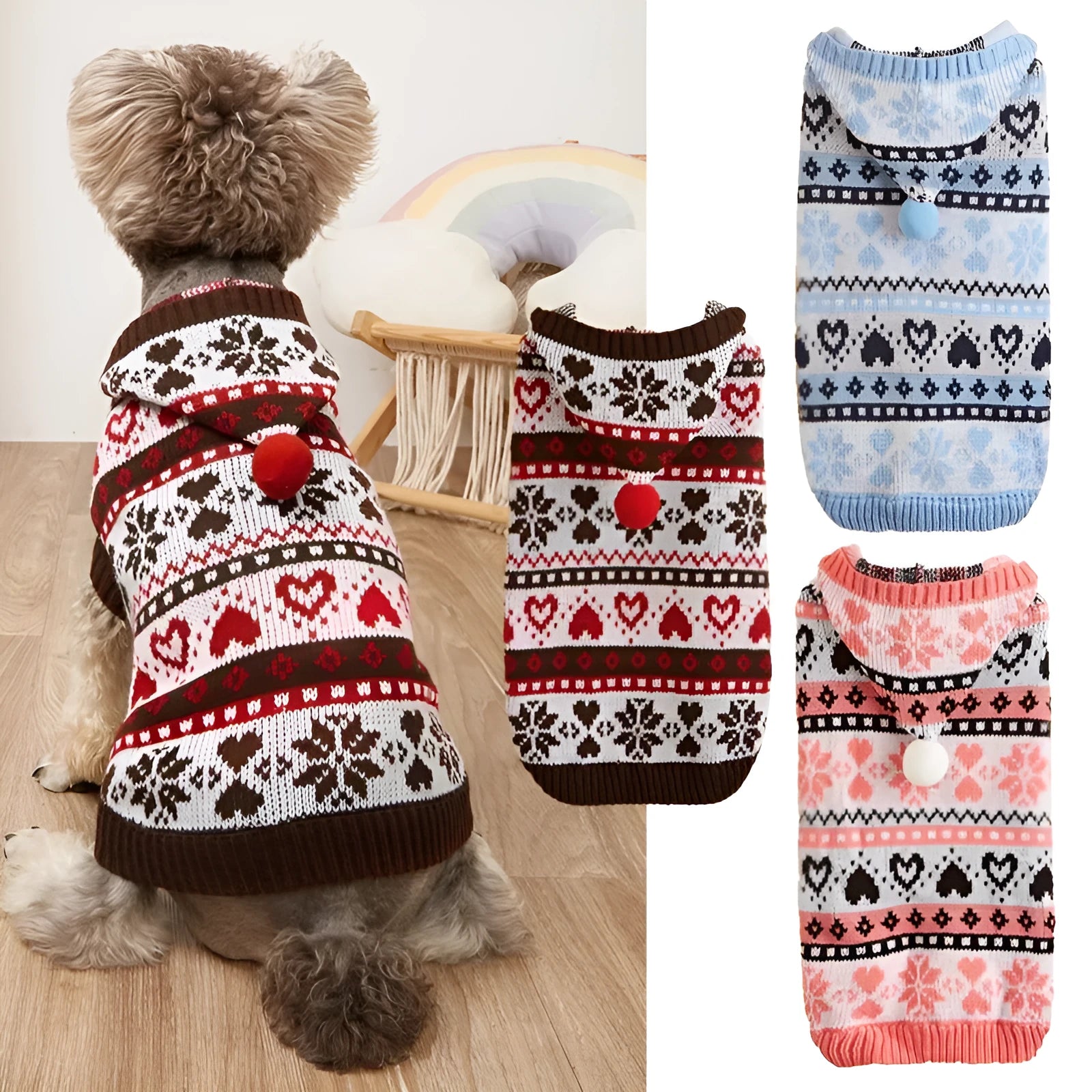 Blue knitted dog sweater with white snowflake and love heart patterns on a striped camouflage background.