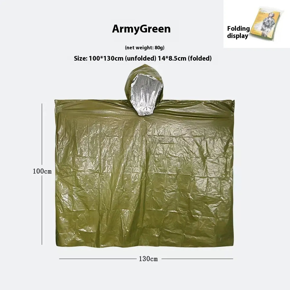 Marathon Wild adult rain poncho laid flat, shown in orange and army green colours, with dimensions 100cm by 130cm.