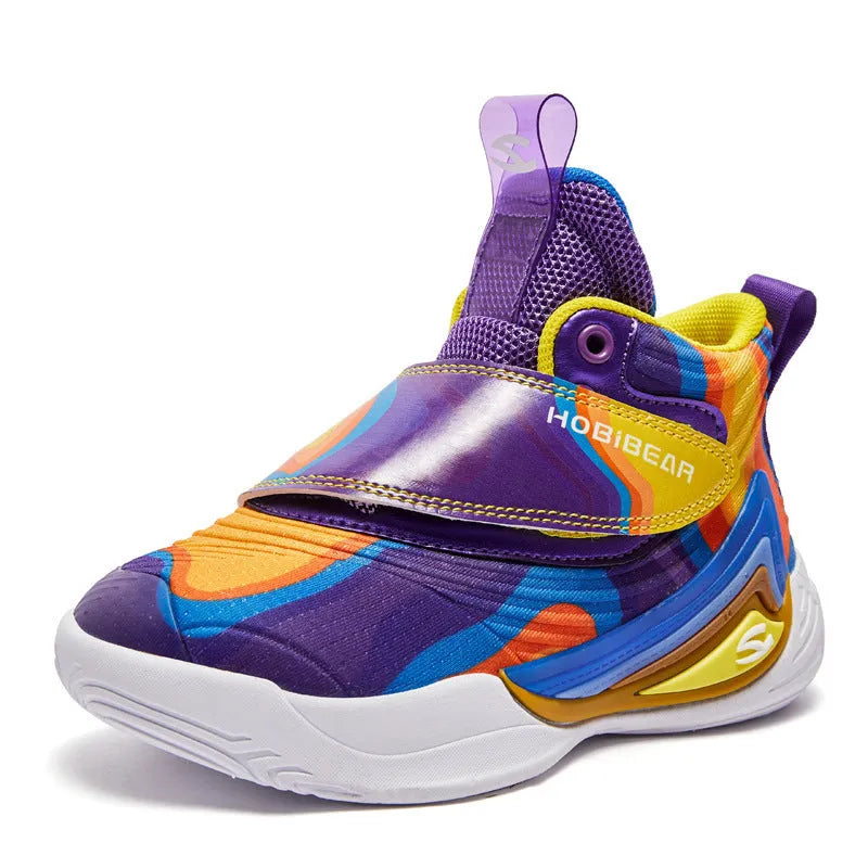 Children's breathable lightweight basketball shoes with PU mesh upper in purple blue and purple yellow, sizes 28-39