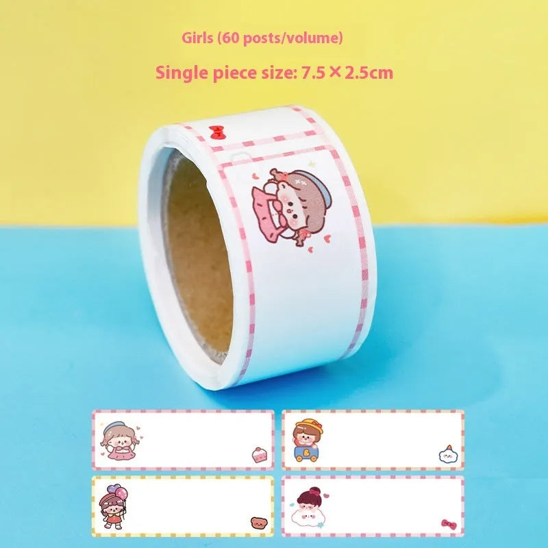 Roll of colourful cartoon name tape stickers with dinosaur and astronaut designs for labelling.