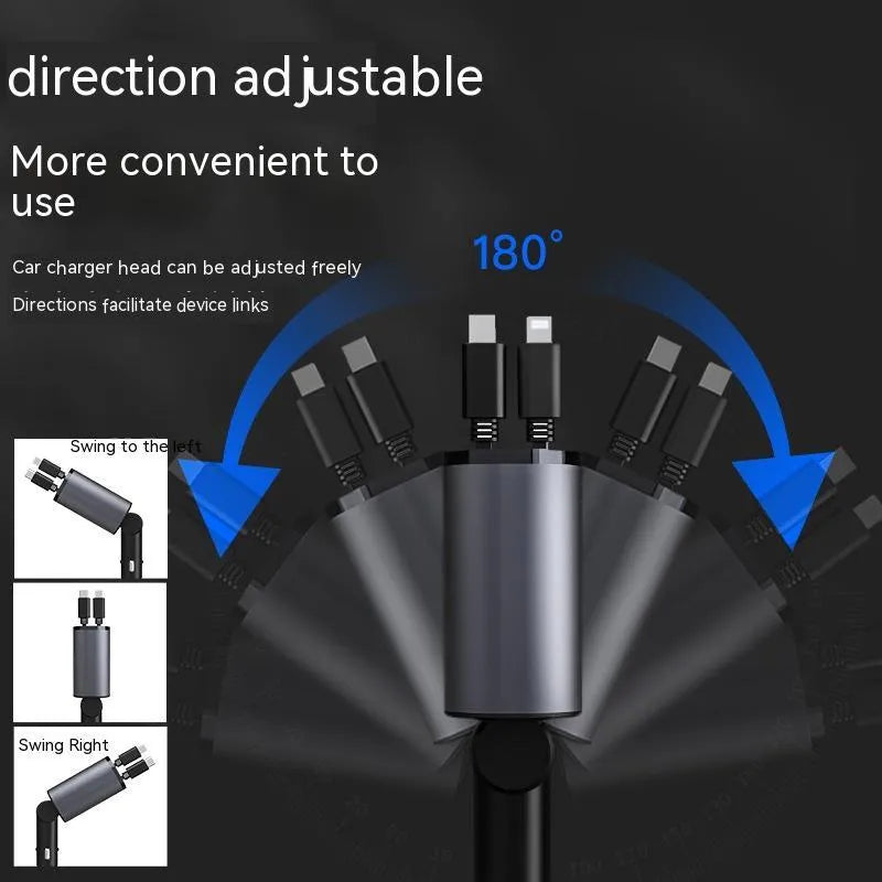 Metal car charger with retractable cable and adjustable head, USB and Type-C ports, 100W fast charging