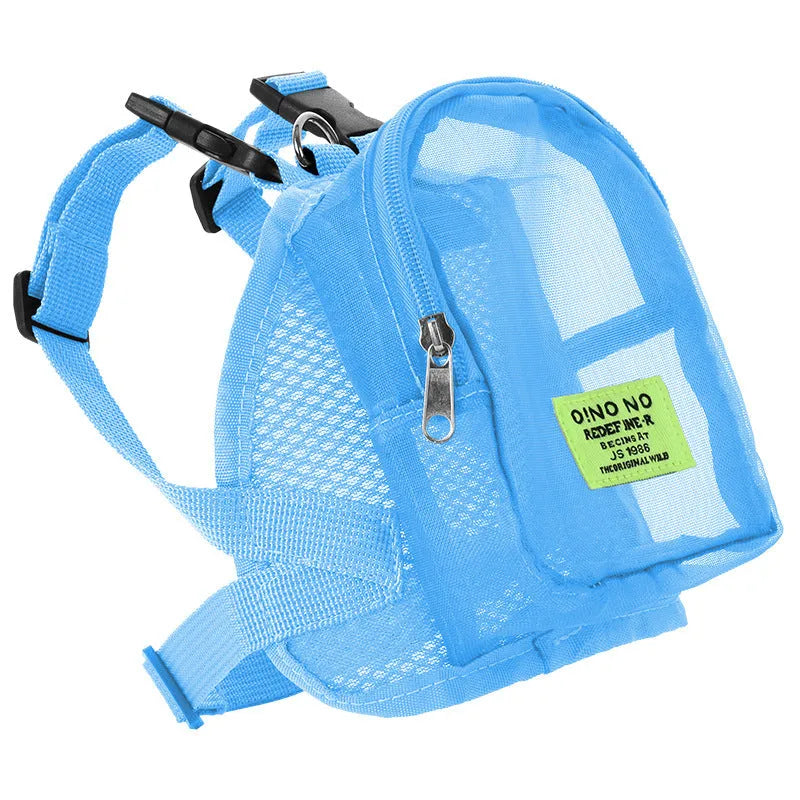 Polyester dog backpack in solid colour options including blue, purple, black, and dark grey