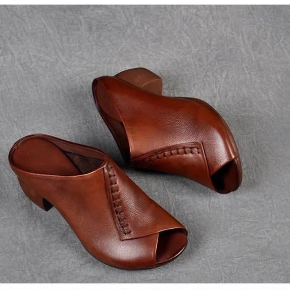 Women's black square heel peep-toe sandals with open fish-mouth design and a rubber sole.