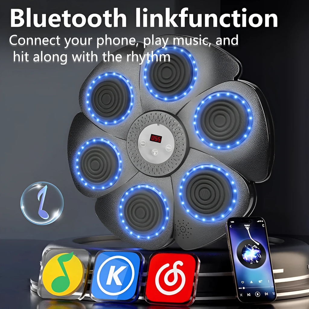Black plastic smart boxing wall target with LED lights and a half-finger boxing glove.