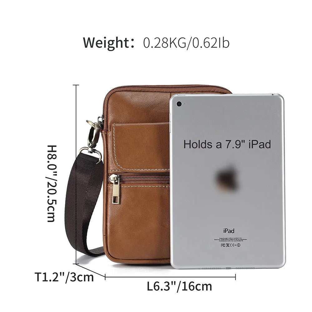 Men's brown genuine leather crossbody shoulder bag with detailed sewing lines