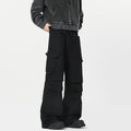 Men's straight leg casual trousers in black with high waist design and cardigan button fly
