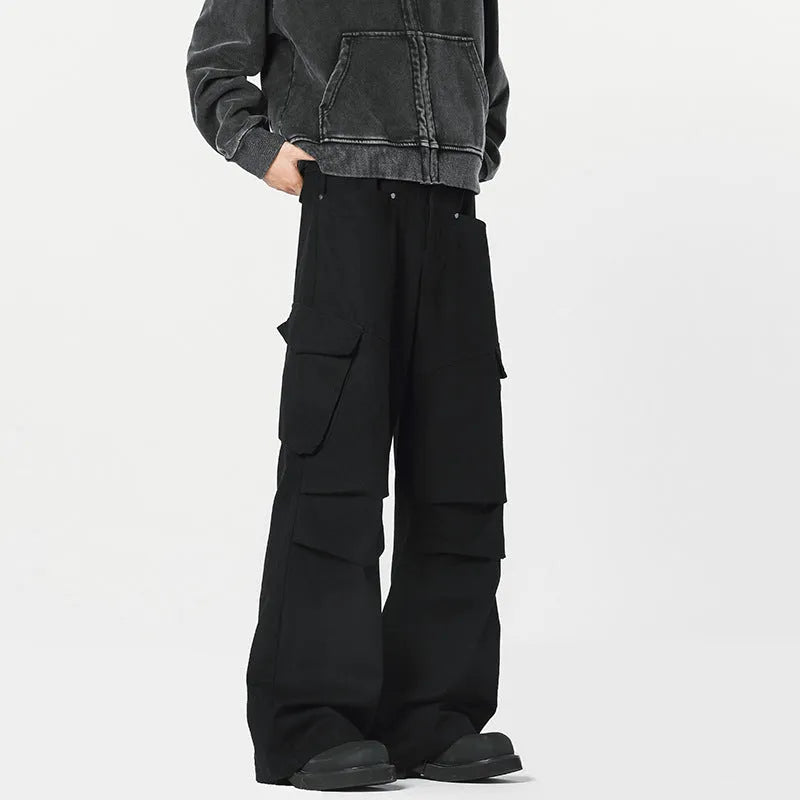 Men's straight leg casual trousers in black with high waist design and cardigan button fly