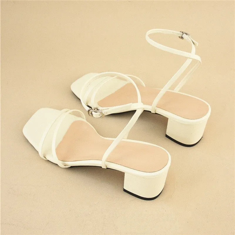 Beige women's stiletto sandals with square toe and ankle buckle on chunky heel