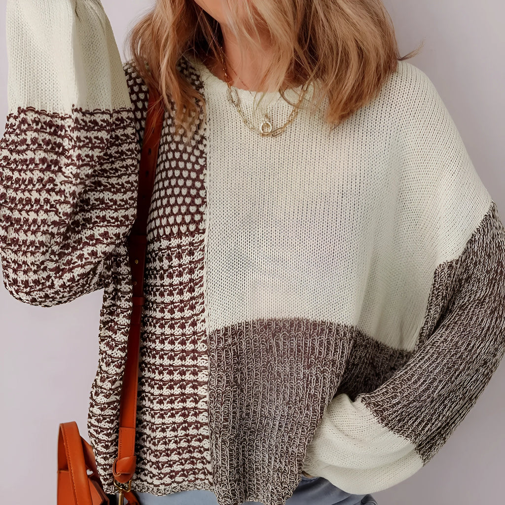 Dark khaki colour block women's sweater with a back tie and drop-shoulder loose fit.