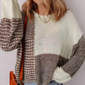 Dark khaki colour block women's sweater with a back tie and drop-shoulder loose fit.