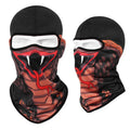 Breathable Bakool silk motorcycle mask with skull print, laid flat showing its 36cm by 29cm size.