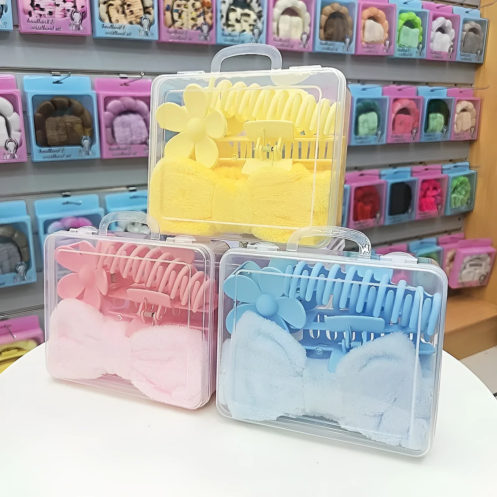 Bow washing face hair band 16-piece set with plaid pattern and wrist strap in 9 colour options