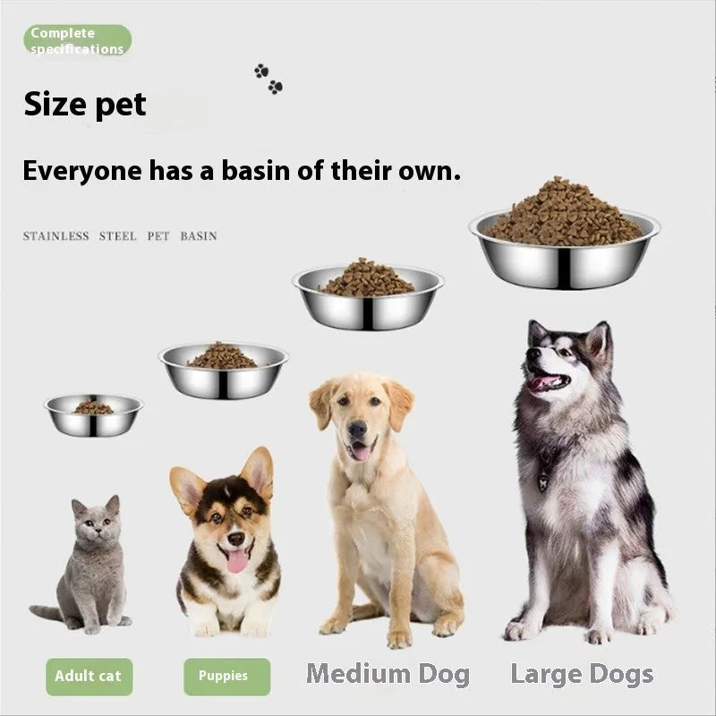 Stainless steel non-slip pet bowl for cats and dogs in various sizes.