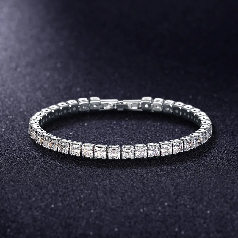 Electroplated real platinum square diamond women's bracelet with zircon stones in gang drill setting.