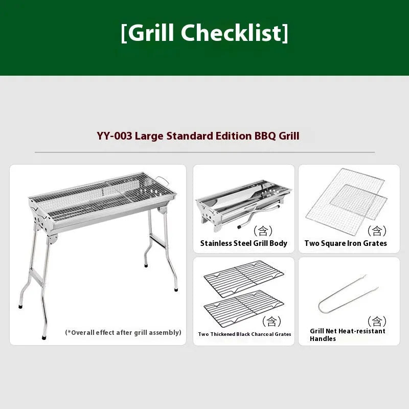 Stainless steel large turnover charcoal barbecue oven with iron grills and safety net.