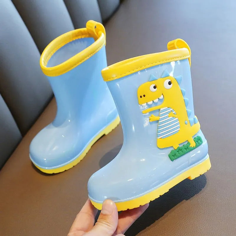 Children's dinosaur rain boots in pink, yellow, or blue with PVC upper and non-slip sole, inner length 14cm to 20cm
