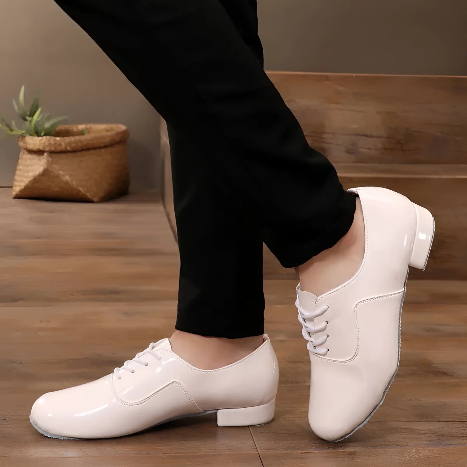 Men's black indoor dancing shoes with synthetic leather upper and calf leather sole