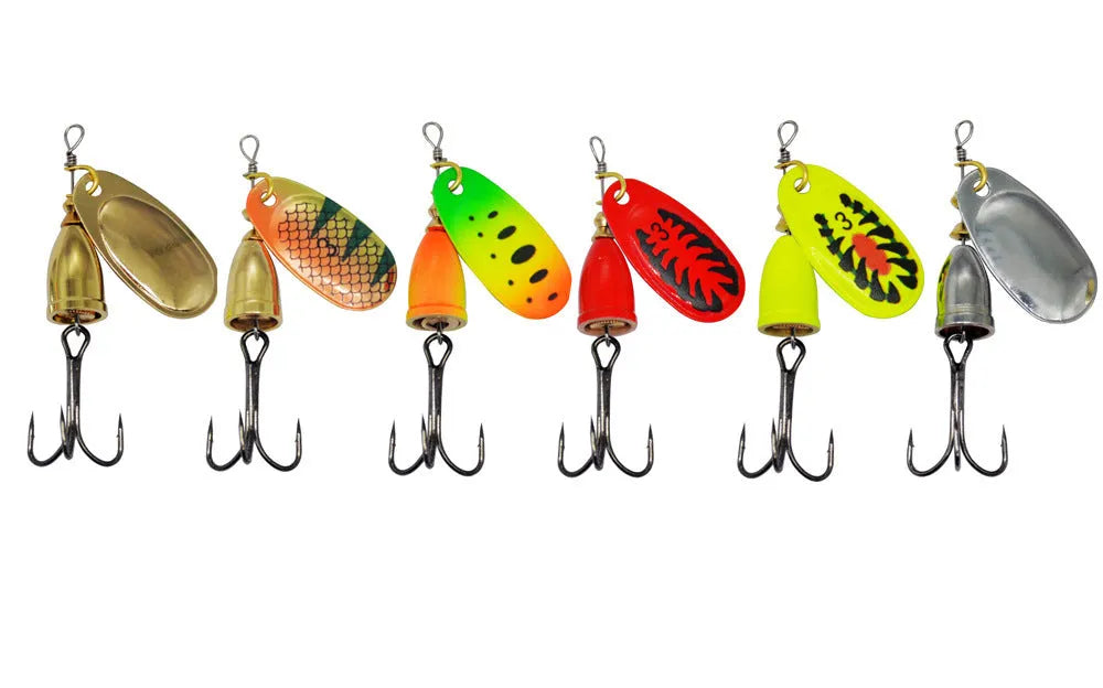 R composite rotating sequins copper bell metal fishing lure in multiple colour options on a white background.