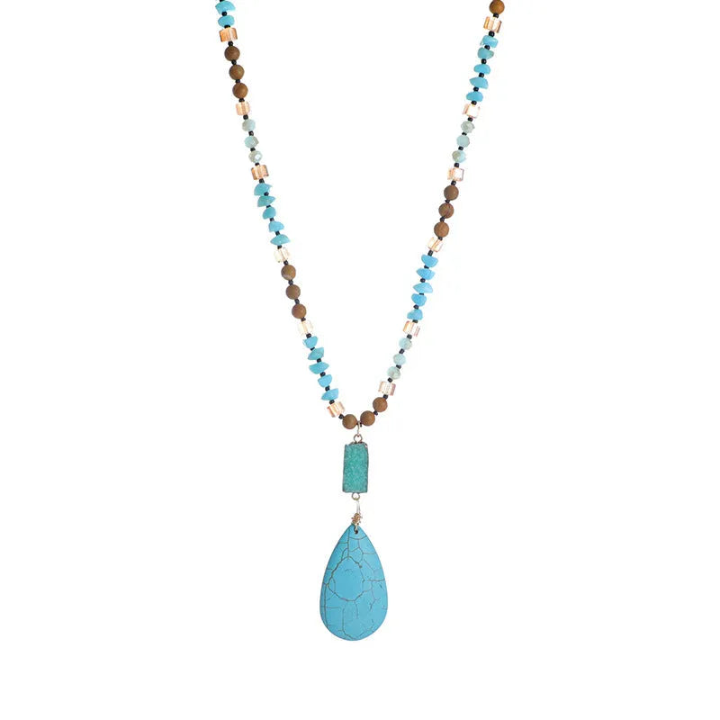 Blue turquoise pendant necklace with mixed gem inlay on ball bead chain