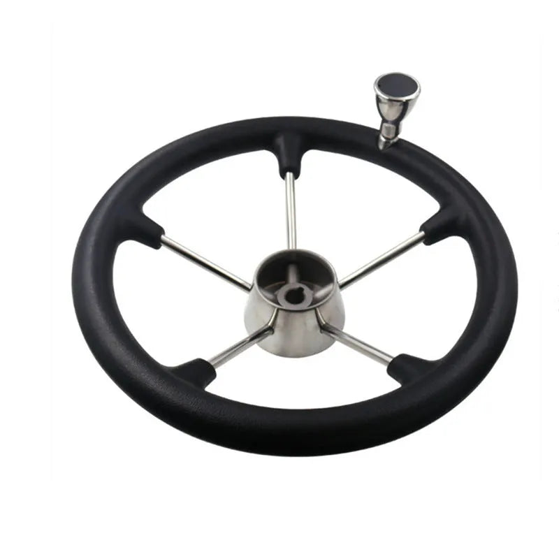 355mm 304 stainless steel marine steering wheel with black spoke design on white background
