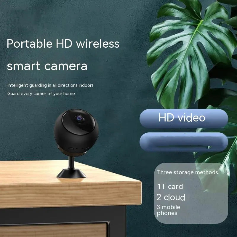 1080p wireless Wi‑Fi indoor surveillance camera with USB cable on a white background