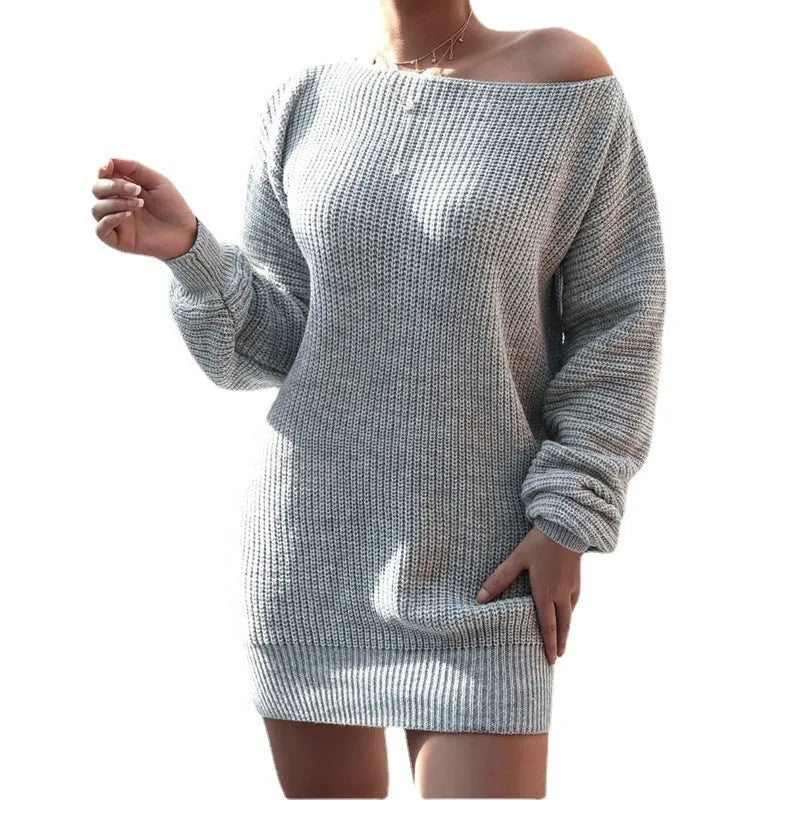 Women's solid colour off-the-shoulder knitted dress with puff lantern sleeves in a casual style.