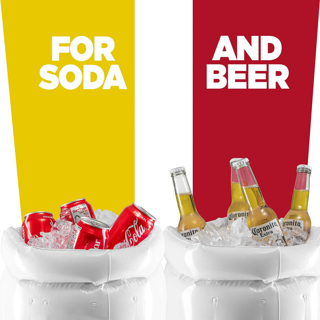 Large yellow inflatable beer mug cooler pool float with drink holders