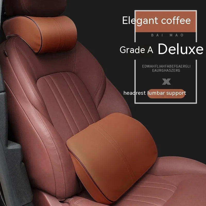 Memory foam car headrest with leather exterior in solid colour options