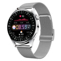 Black sports smartwatch with a 1.32-inch display on a leather strap, showing a fitness tracking interface.