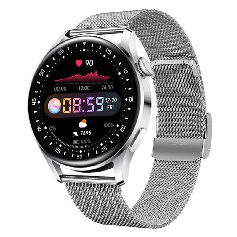 Black sports smartwatch with a 1.32-inch display on a leather strap, showing a fitness tracking interface.