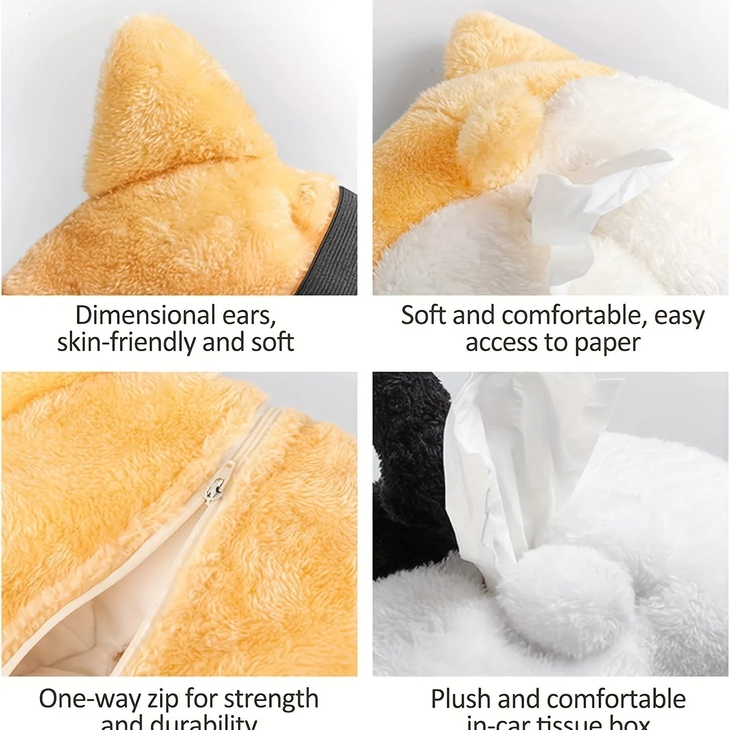 Yellow corgi butt shaped car tissue box cover with elastic strap for sun visor mounting.