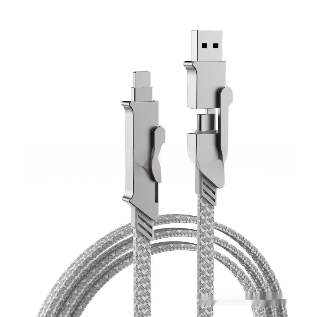 120W six-in-one fast charge data cable in black with zinc alloy connectors for PD27W charging on white background