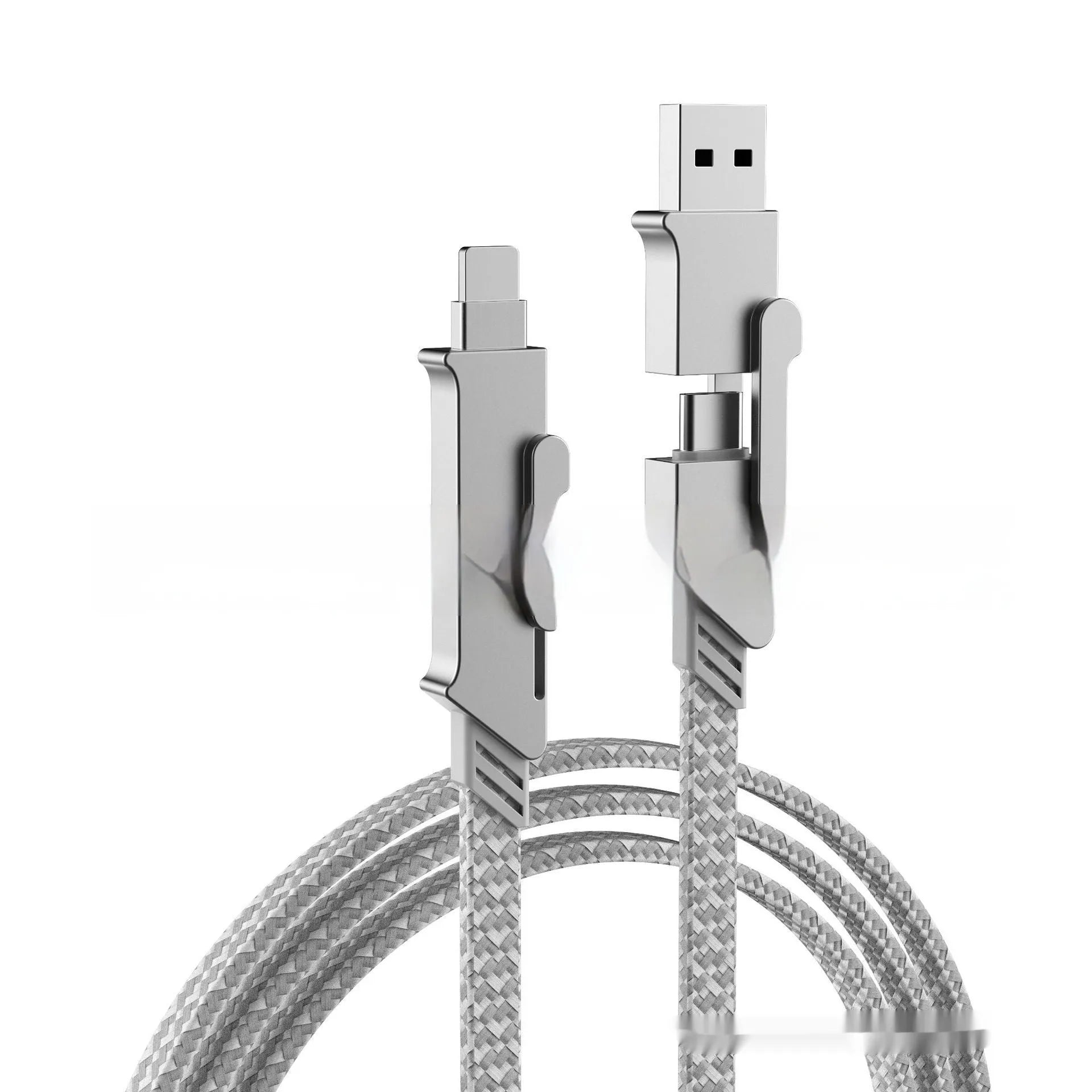 120W six-in-one fast charge data cable in black with zinc alloy connectors for PD27W charging on white background