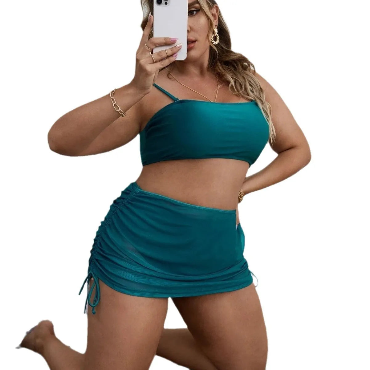 Women's solid colour mesh bikini three-piece set with apron in spandex material