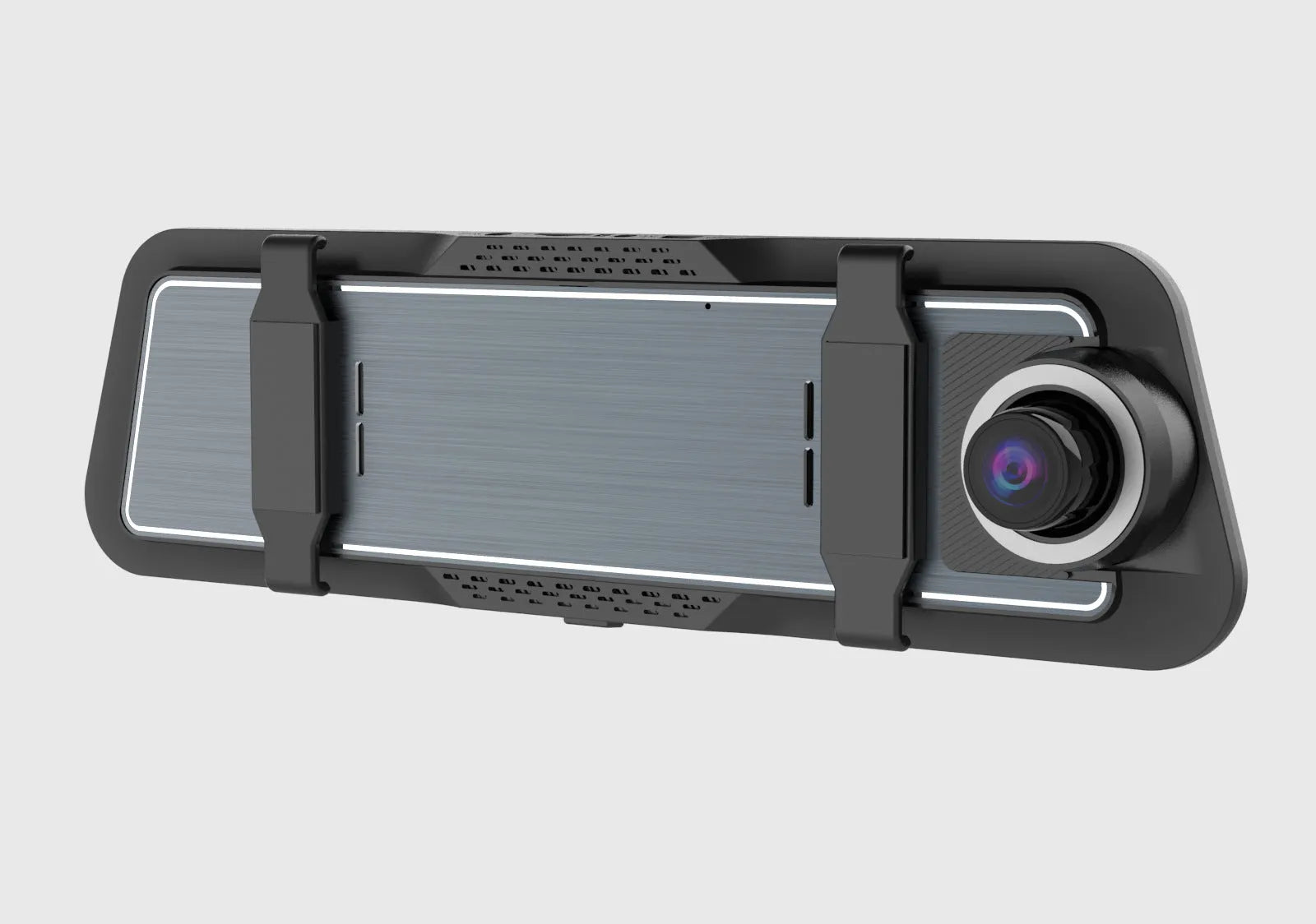 Black dual-lens dashboard camera with 9.66-inch screen mounted on car windshield.