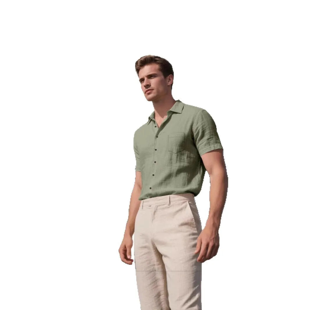 Men's loose fit linen short-sleeved cardigan shirt in cotton blend fabric, solid colour