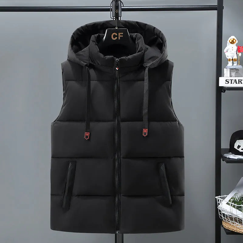 Men's solid colour thickened vest with a removable cap, shown in black and blue colour options.