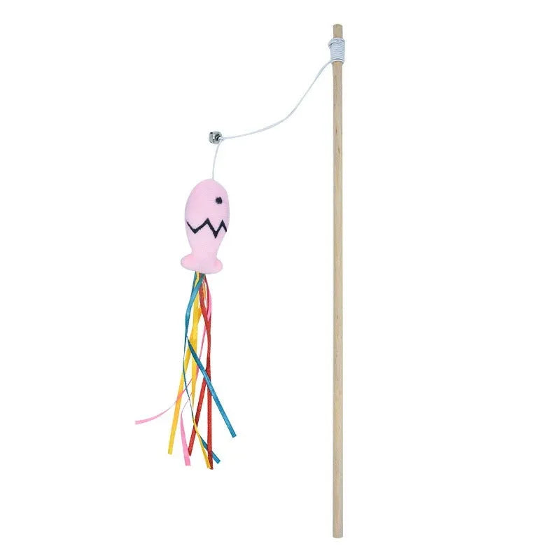 Cat wand toy with catnip fish, colourful ribbons and bell on natural wooden handle